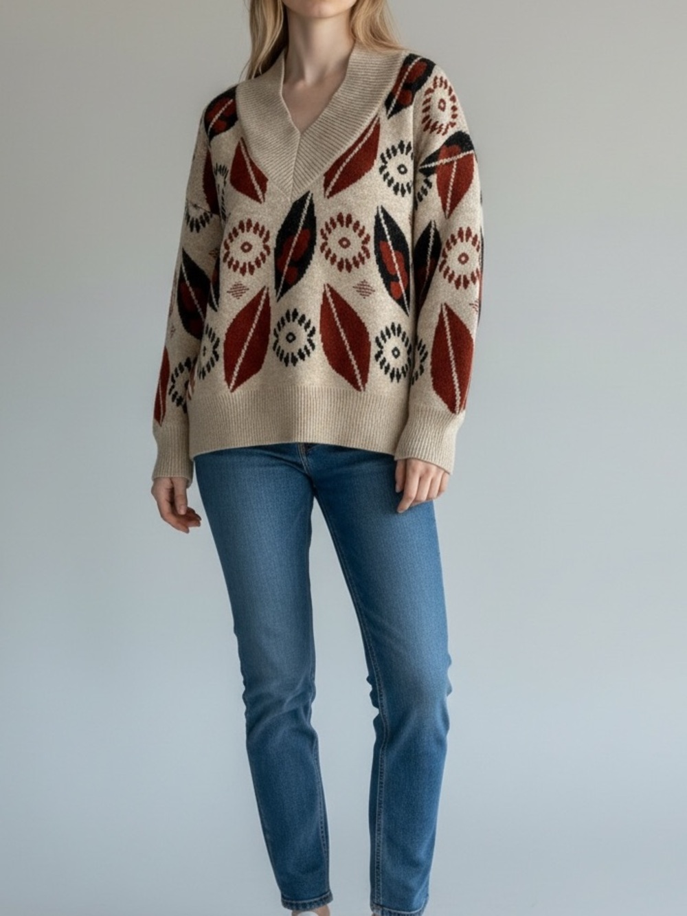 Cellabie Beige Patterned V-Neck Sweater with Rust & Black Fall Accents